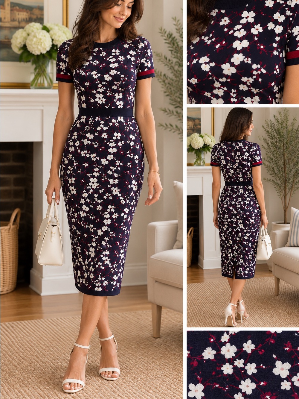 Shoshanna Navy Floral Knit Midi Dress with White Blossoms